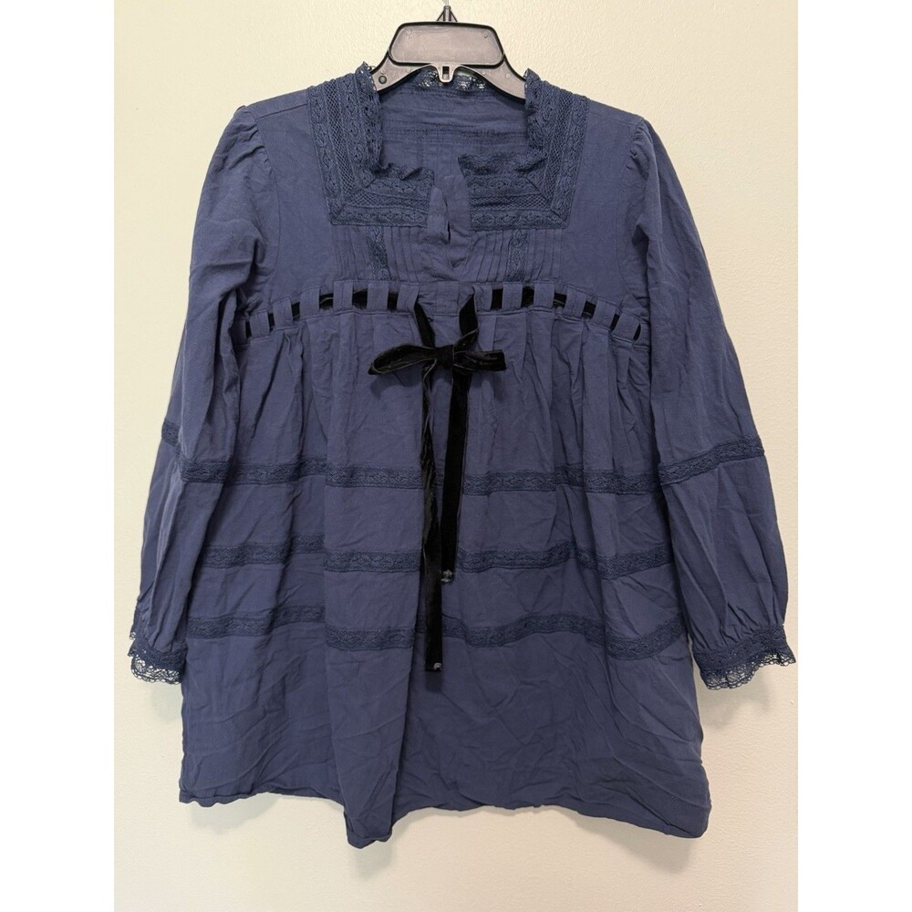Free People Tea Time Babydoll Mini Dress 100% Cotton Navy Blue